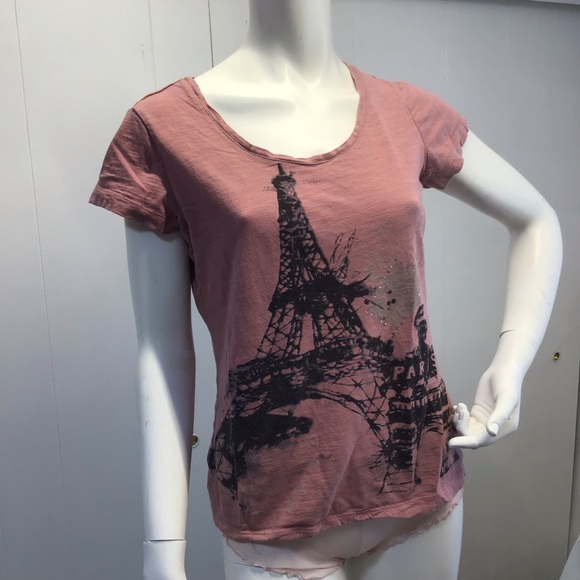 Faded worn comfy Eiffle tower Paris dusty rose with metallic tshirt worn in - Picture 3 of 5